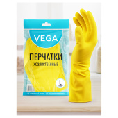 Перчатки резиновые хозяйственные Vega, многоразовые, хлопчатобумажное напыление, р. L, желтые, пакет 